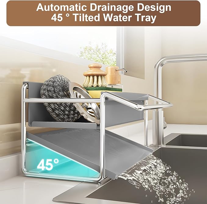Kitchen Sink Sponge Rack, Self Draining Kitchen Sink Storage Rack, Rust-Proof Stainless Steel Dish Sponge Storage Rack (with Dish Cloth Rack), Bathroom Soap Dispenser Storage, Gray-NeatNest