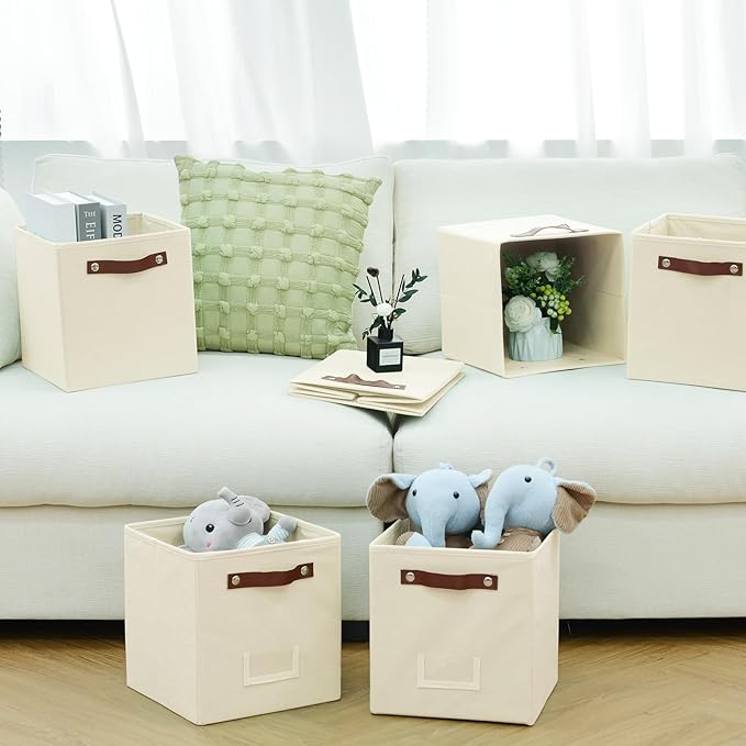 6-Pack Collapsible Fabric Storage Cubes with Handles & Label Holders, Closet Cube Home Organizer Bins (Beige, 10.5*10.5*11 inch)