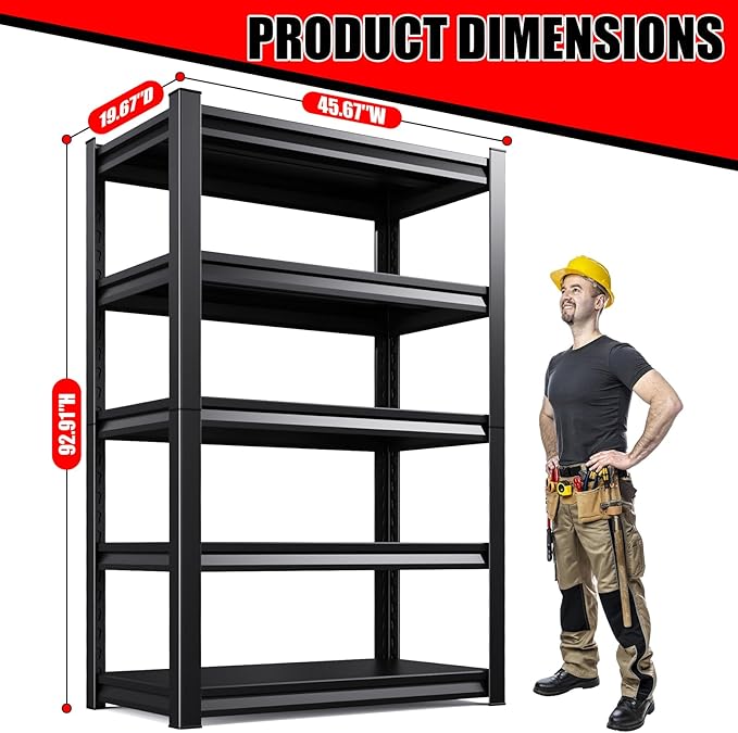 5-Tier Metal Garage Shelving, Heavy Duty Shelving 3500LBS Adjustable Garage Shelves,Utility Rack Large Industrial Shelves for Basement, Warehouse, Easy Assembly, Black 92.9''H x 45.7''W x 19.7''D