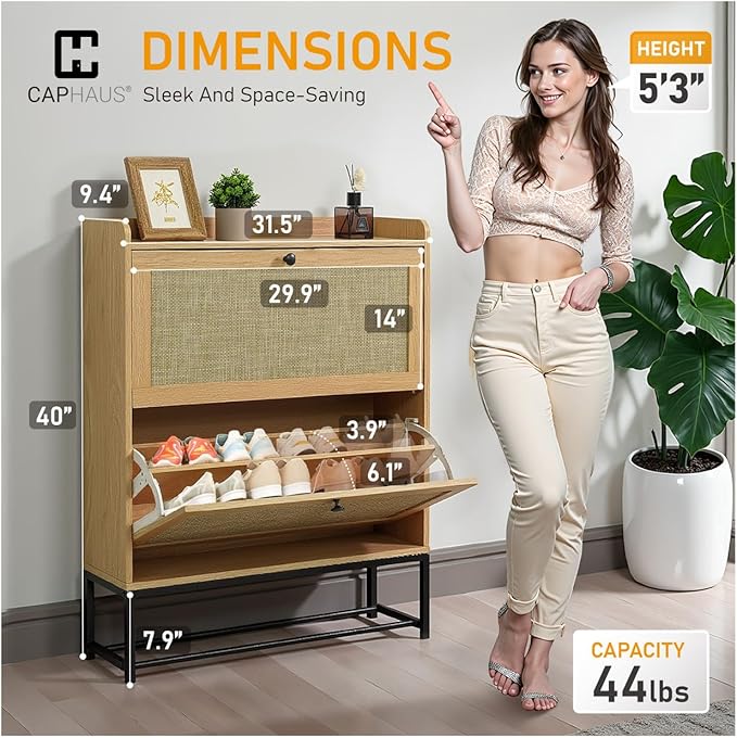 CAPHAUS Shoe Storage Cabinet w/Rattan Flip Drawers, Slim Thin Freestanding Entryway Shoes Organizer w/Adjustable & Removable Shelves, Modern Narrow Shoe Rack w/Metal Legs, Natural Oak