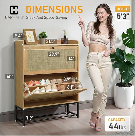 CAPHAUS Shoe Storage Cabinet w/Rattan Flip Drawers, Slim Thin Freestanding Entryway Shoes Organizer w/Adjustable & Removable Shelves, Modern Narrow Shoe Rack w/Metal Legs, Natural Oak-NeatNest