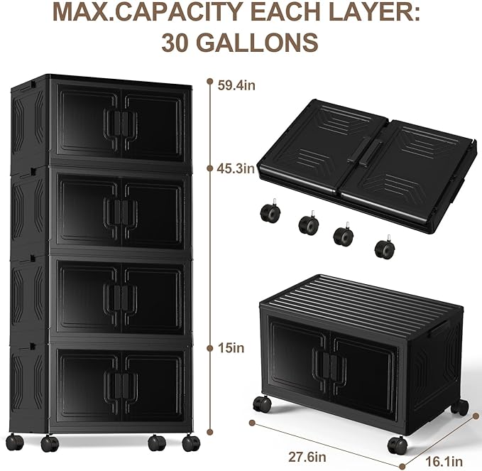 120GAL Stackable Storage Bins with Wheels and Lids, Collapsible Closet Organizers and Storage, Home Organization and Storage Cabinet, Plastic Clothes Storage Box Shelf, Black