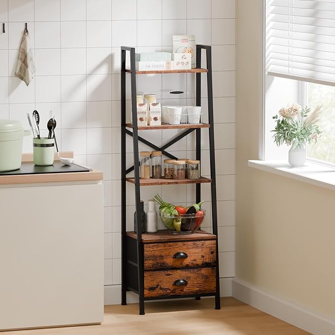 Furologee 4-Tier Ladder Shelf,Small Bookshelf with 2 Drawers,Vertical Bookcase Storage Rack Organizer,Rustic Bookshelves for Living Room,Bedroom,Bathroom,Home Office,Kitchen,Rustic Brown