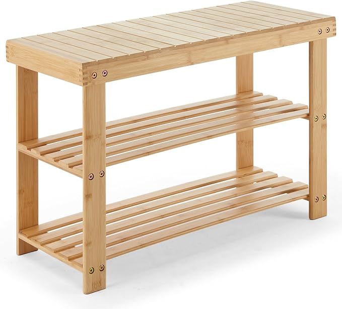 Sweetcrispy Shoe Rack Bench, 3-Tier Bamboo Entryway Storage Organizer, 286lb Capacity, Shoes Stand for FrontDoor Entrance, Bedroom, Living Room, Bathroom, Balcony, 11.3 x 27.6 x 17.8 Inches, Wood-NeatNest