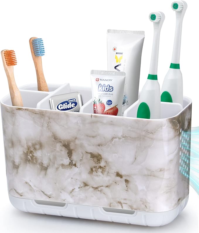 Boperzi Electric Toothbrush Holder for Bathroom Organizer Countertop, Detachable Anti-Slip Toothpaste Storage Caddy 6 Slots White Marble with Drainage Holes for Makeup Brush Razor Stand-NeatNest