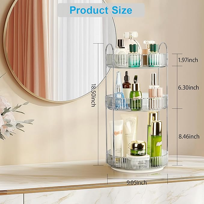 360 Rotating Makeup Organizer for Vanity, Large Capacity Spinning Perfume Organizer, Bathroom Organizer, Cosmetic Skincare Holder Organizer for Countertop (Silver Clear, 3 Tier)-NeatNest