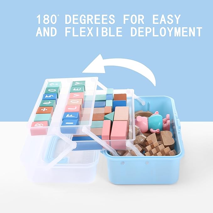 11(in) Versatile Three-Layer Folding Organizer Box,Ideal for Art & Crafts,Toys,Sewing Supplies,Jewelry and Tools,Storage with Dual Trays,Elegant Blue