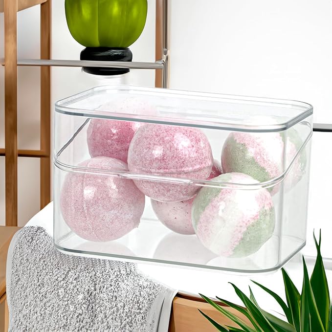 Clear Bathroom Organizer, 2-Size Essentials Set for Hail Accessories & Beauty Supplies,Cotton Swabs,Balls,Pads - Small Clear Plastic Canister Apothecary Jar Set, Vanity Makeup Storage Organizer (L+2S)-NeatNest