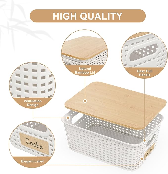 6-Pack Small 5 Qt Stackable Storage Bins with Bamboo Lids - Decorative Cute Plastic Baskets Boxes Containers with Labels for Organizing Shelves, Classroom, Closet, Desktop, Office-White-NeatNest