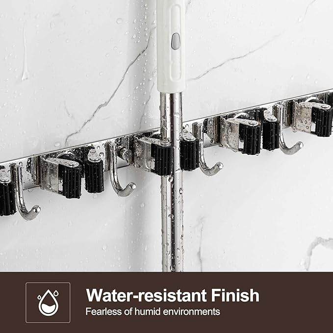 2 Pack Broom Holder Wall Mount, Stainless Steel Broom Hanger Wall Mount, Heavy Duty Mop and Broom Holder Tool Racks Utility Hooks for Laundry Room Garden Garage, Black (5 Racks and 4 Hooks)-NeatNest