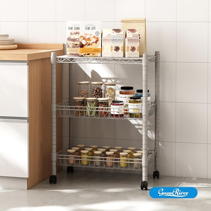 3 Tier Wire Shelving Wire Basket Shelf Storage Cart Adjustable Metal Shelf 2 Bottoms for Choose(Castor or Leveling Feet) for Office,Kitchen,Bedroom,Silver(23.23" L x 13.11" W x 32.28" H)
