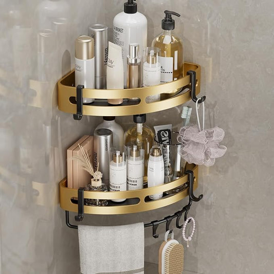 Adhesive Shower Corner Caddy，2-Pack Heavy Duty Shower Corner Shelves Rack with 8 Hooks and 1 Towel Bar，Rustproof Bathroom Organizer No Drilling Wall Mounted