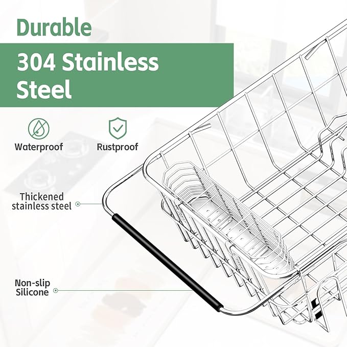 Dish Drying Rack in Sink, Extendable Stainless Steel Dish Drainers for Kitchen Counter, Anti-Rust Dish Dryer Rack with Utensil & Cup Holders, for Inside Sink, Over The Sink