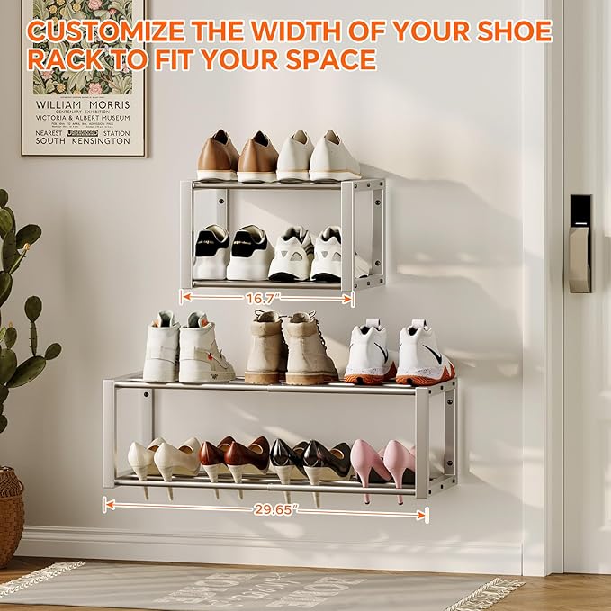 Homeiju Hanging Shoe Organizer,2 Pack Wall Mounted Shoe Rack Holds 12 Pairs,Space Saving Metal Wall Shoe Rack,Hanging Shoe Rack Shoe Holder for Small Space,Entryway,Closet,RV,Camper (Silver)-NeatNest