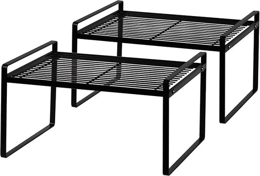 2Pack Kitchen Cabinet Shelf Counter Organizer Rack Pantry Storage Bathroom Bedroom Office Table Desk Space Saving Stackable Rust Resistant Non Slip Black Wide L13.1in W10.6in H7.3in-NeatNest