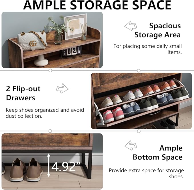 Shoe Cabinet, Freestanding Tipping Bucket Shoe Storage Cabinet with 2 Flip Drawers, Entryway Shoe Rack with Storage Top Cubby, Narrow Slim Hidden Shoe Organizer with Doors (Brown)-NeatNest