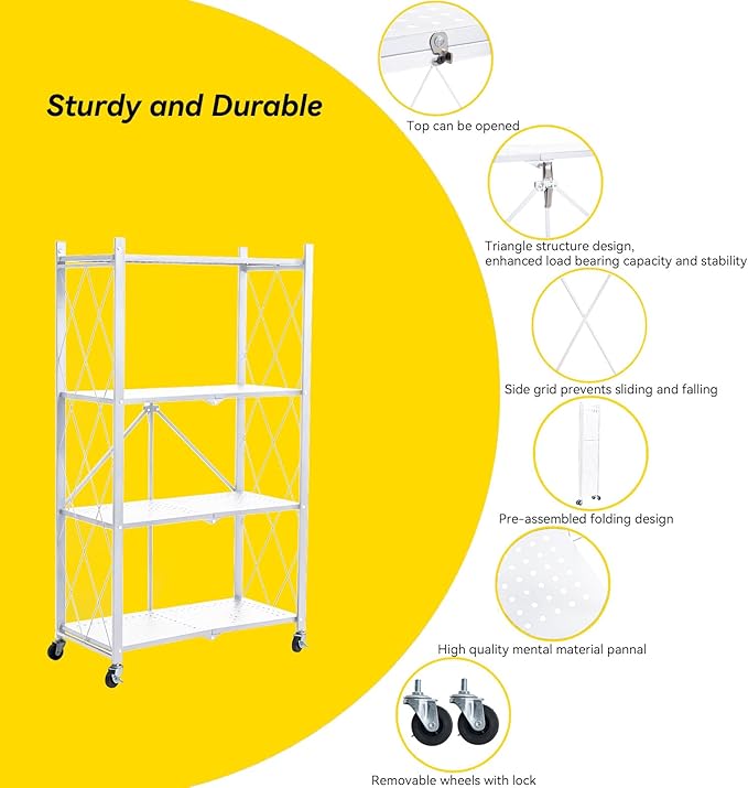 BRIAN & DANY 4-Shelf Foldable Storage Shelves with Wheels, Folding Metal Rack Shelving Unit, Heavy Duty No Assembly Organizer Shelf for Garage, Kitchen, Pantry, White-NeatNest