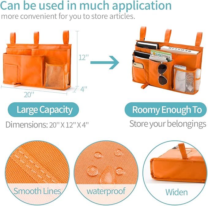 Bseash Bunk Bed Organizer, Bedside Caddy Hanging Bed Organizer Storage Bag 8 Pockets, for College Dorm Rooms Bed, Hospital Bed, Baby Bed Rails, 600D Oxford Cloth (Orange)-NeatNest