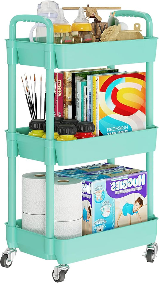 Laiensia 3-Tier Rolling Cart with Wheels,Multifunction Utility Storage carts, Kitchen Storage Organizer,Mobile Shelving Unit for Bathroom,Laundry,with Classified Stickers,Green-NeatNest