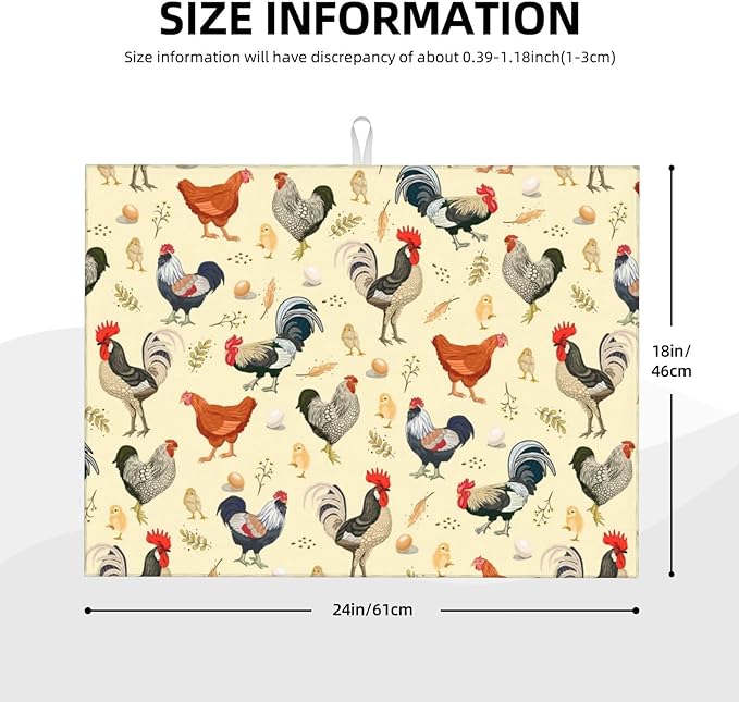 Chicken Dish Drying Mat for Kitchen Counter Cute Kitchen Mat Microfiber Kitchen Countertop Absorbent Reversible Drainer Rack Pad Dish Drying Mat 18 x 24 Inch-NeatNest