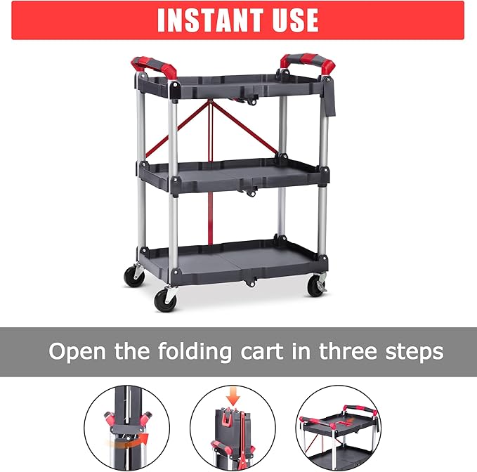 3-Tier Foldable Utility Service Cart, 167Lbs Heavy Duty Collapsible Service Rolling Cart with 2X360° Swivel Lockable Wheels,Portable Tool Cart for Kitchen Office Restaurant Garage Salon