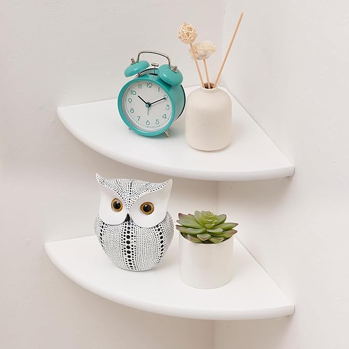Corner Shelves, Floating Corner Shelf, Set of 2 White Solid Oak Wood Wall Shelves, Round End Wall Mount with Wire Hole Shelving for Small Plant for Bedroom Kitchen, Living Room 8.7"-NeatNest