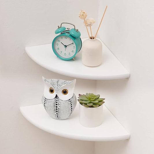 Corner Shelves, Floating Corner Shelf, Set of 2 White Solid Oak Wood Wall Shelves, Round End Wall Mount with Wire Hole Shelving for Small Plant for Bedroom Kitchen, Living Room 8.7"-NeatNest