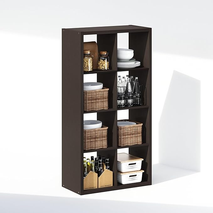 Furinno Cubic Open Back Multipurpose Clothing & Closet Storage Organizer Shelf, 8-Cube, Black Dark Oak