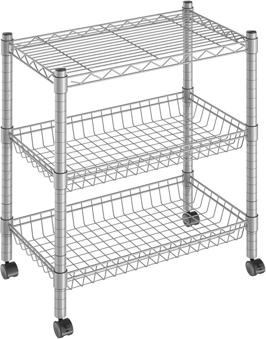 3 Tier Wire Shelving Wire Basket Shelf Storage Cart Adjustable Metal Shelf 2 Bottoms for Choose(Castor or Leveling Feet) for Office,Kitchen,Bedroom,Silver(23.23" L x 13.11" W x 32.28" H)