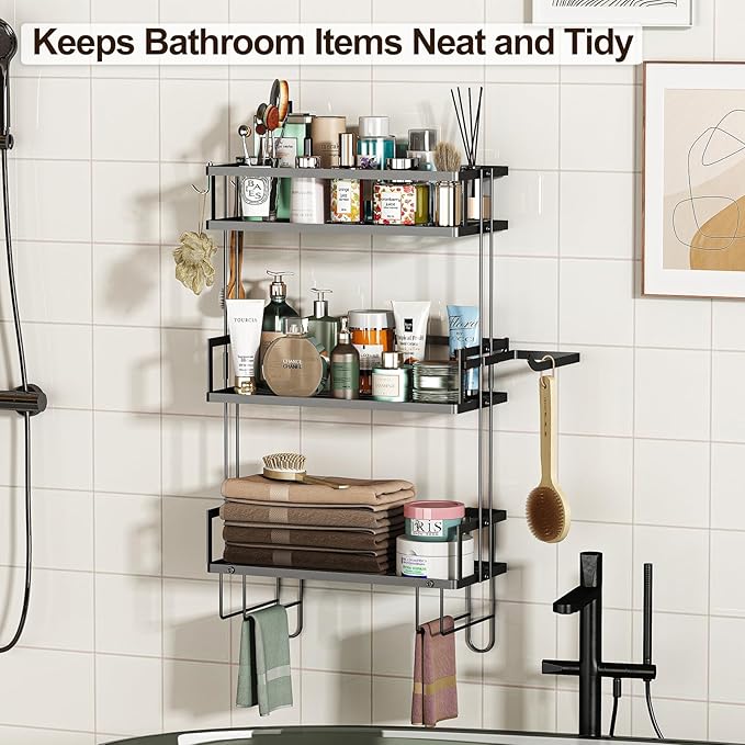 Godboat Bathroom Organizers and Storage, 3-Tier Wall Shelves, Over Toilet Rack with Paper Holder and 2 Hooks, Floating Shelf & Accessories, Gifts for Women, Mom, Mothers Day (Black)-NeatNest