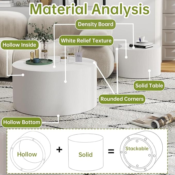 Round Nesting Coffee Table Modern White Fluted Coffee Table Set of 2 Stripe Cream Round Coffee Tables Drum Crescent Side Table Accent End Table for Living Room (White A Large)