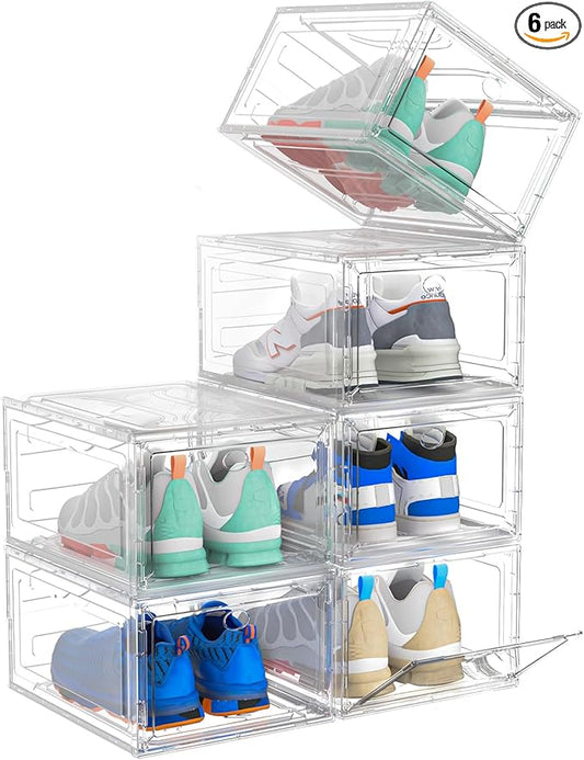Upgrade Harder Solid Plastic Shoe Organizer, Shoe Storage with Magnetic Front Door, Shoe Rack 6 Pack Shoe Boxes Clear, Sneaker Storage, Shoe Organizer for Closet, Shoe Display Case, White-NeatNest