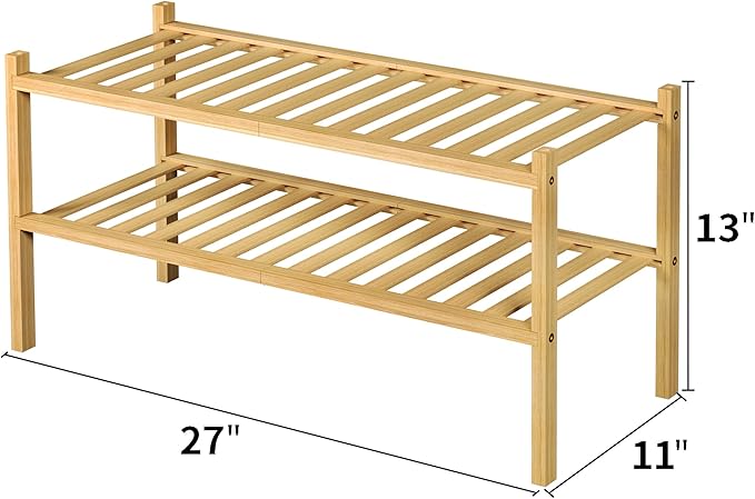 2 Tier Bamboo Shoe Rack for Closet Free Standing Wood Shoe Shelf for Entryway Small Space Stackable 27"x11"x13" (Natural)-NeatNest