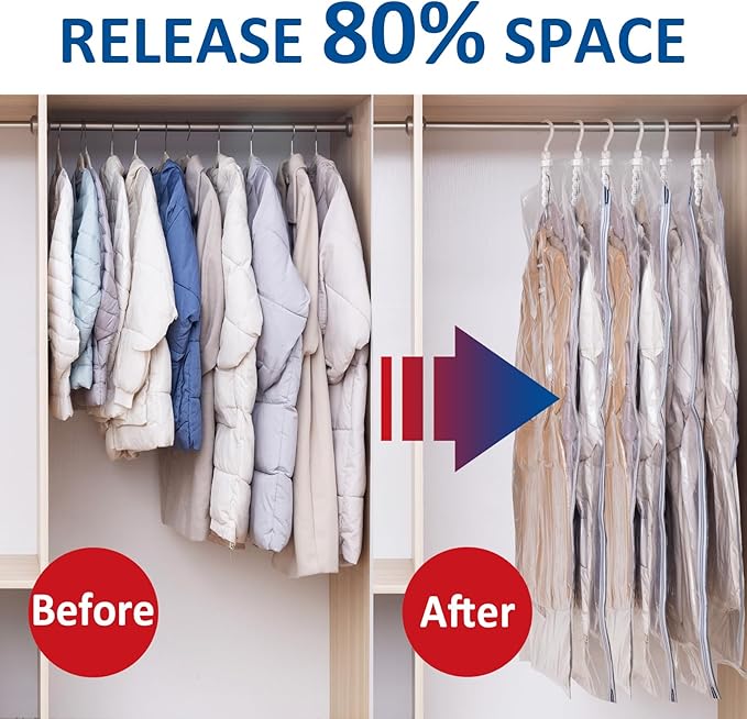 Hanging Vacuum Storage Bags, 6 Pack Large Hanging Space Saver Bags, Vacuum Sealed for Clothes Suits Dress Jackets for Moving Supplies(3 Long, 3 Short)-NeatNest