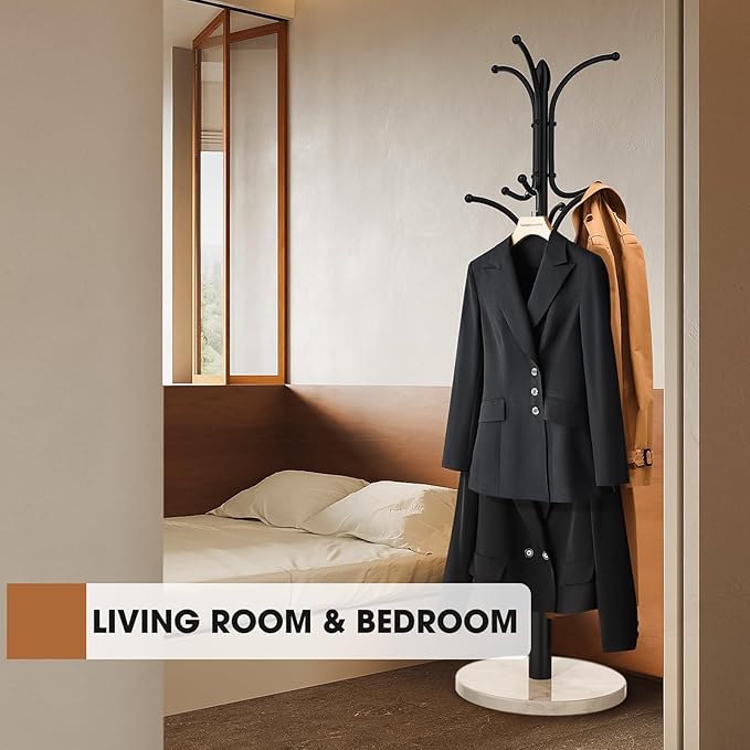 Coat Rack Freestanding,12 Hooks Coat Racks with Natural Marble Base & Umbrella Holder,Easy Assembly Coat Rack Stand for Hanging Scarf,Purse,Hats,Jacket(Black)-NeatNest