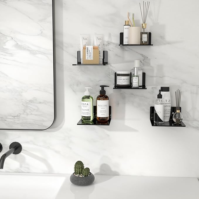 6 Inches Small Black Wall Shelves, Moisture-Proof, Space Saver, Wall Mounted Display Shelf Rack for Bedroom, Living Room, Kitchen, Dining Room, Bathroom, 4 Pack-NeatNest