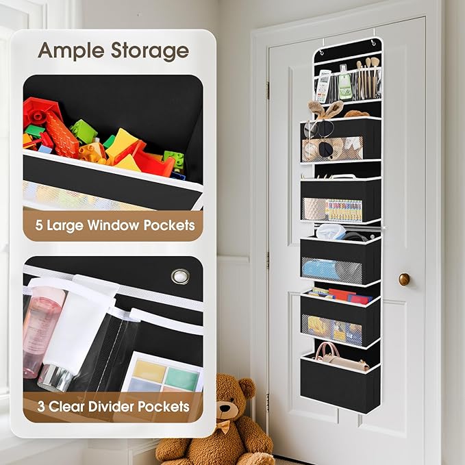 6-Tier Over The Door Organizer Hanging Storage Organizers with Clear Window 40lb Large Capacity Room Organizer for Pantry Bathroom Nursery Closet(Black)-NeatNest