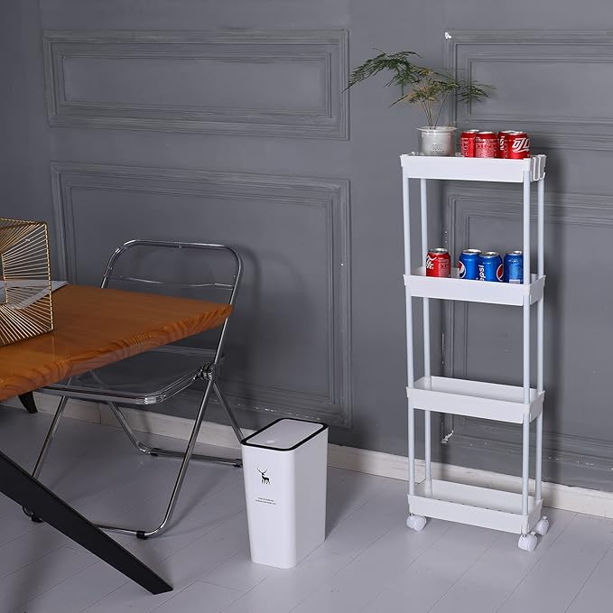 Sooyee 4 Tier Slim Storage Cart Mobile Shelving Unit Organizer Slide Out Storage Rolling Utility Cart Tower Rack for Kitchen Bathroom Laundry Narrow Places, Plastic & Stainless Steel,White