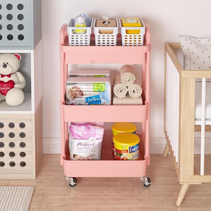 Calmootey 3-Tier Rolling Utility Cart with Drawer,Multifunctional Storage Organizer with Plastic Shelf & Metal Wheel,Storage Cart for Kitchen,Bathroom,Living Room,Office,Pink-NeatNest