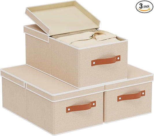 3-Pack Storage Boxes, Foldable Blanket Basket with Detachable Lid, Linen Closet 0rganizers with Double Handles, Collapsible Cubes for Organizing, Beige, 16.1 x 9.8 x 6.5 inch-NeatNest
