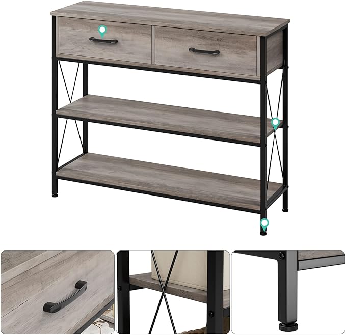 HITHOS Industrial Console Table with Drawers, Vintage Hallway Foyer Table with Storage Shelves, Narrow Long Sofa Entryway Table for Living Room, Grey-NeatNest