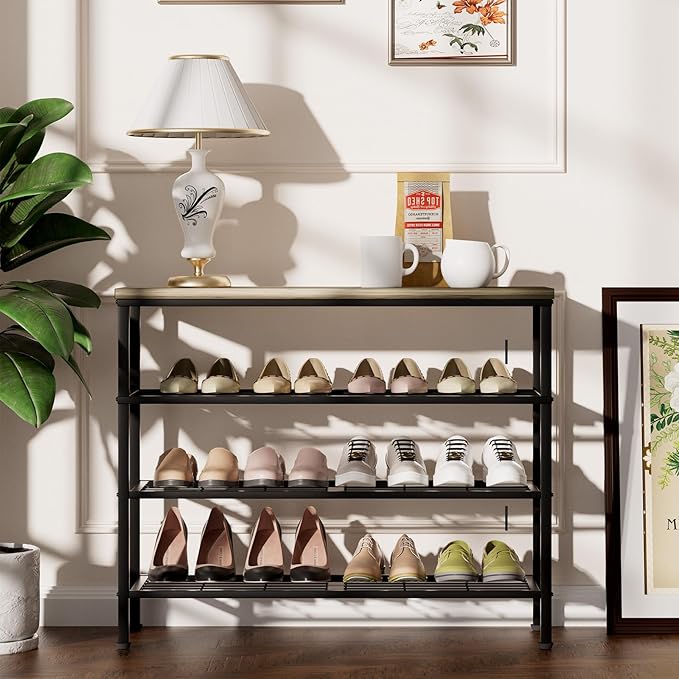 4-Tier Metal Shoe Rack with Wood Top - Durable & Space-Saving Shoe Organizer,Industrial Shoe Organizer Shelf Bench Storagefor Closet Entryway, Bedroom & Hallway - Gray + Black 28.5 W × 25.5" H-NeatNest