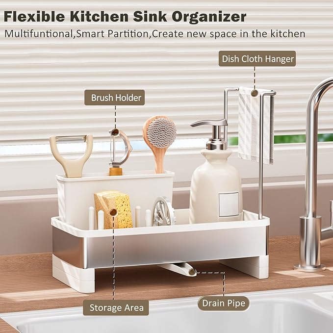 Sponge Holder for Kitchen Sink,Sink Caddy Organizer with Removable Brush Holder,Kitchen Countertop Soap Dispenser Storage with Detachable Towel Rack,White-NeatNest