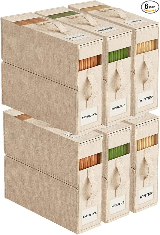 6 Pack Sheet Organizers and Storage with Handles – Foldable Linen Closet Storage for King & Queen Sheet Sets – Clear Window & Removable Labels – Dustproof & Space-Saving Design, Beige-NeatNest