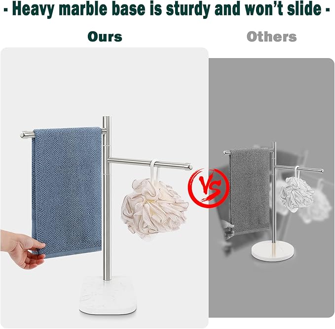 Hand Towel Holder, F-Shape Hand Towel Stand with Marble Base, Stainless Steel Swivel Hand Towel Rack Standing Towel Bar for Bathroom Kitchen Countertop, 2 Arms (Brushed Nickel)