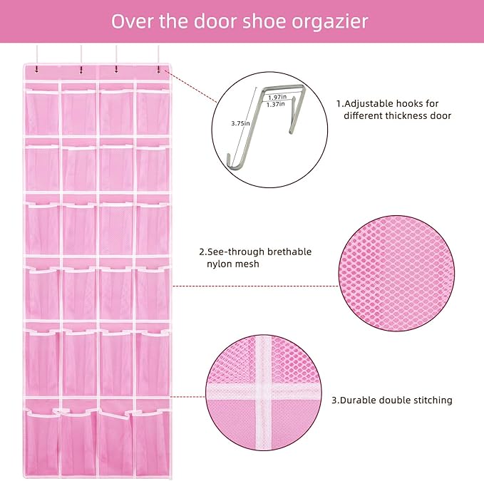 Hanging Shoe Organizer 2Pack, Over The Door Shoe Rack with 24 Mesh Pockets - Pink (2pack), Size: 58x21 Inch-NeatNest