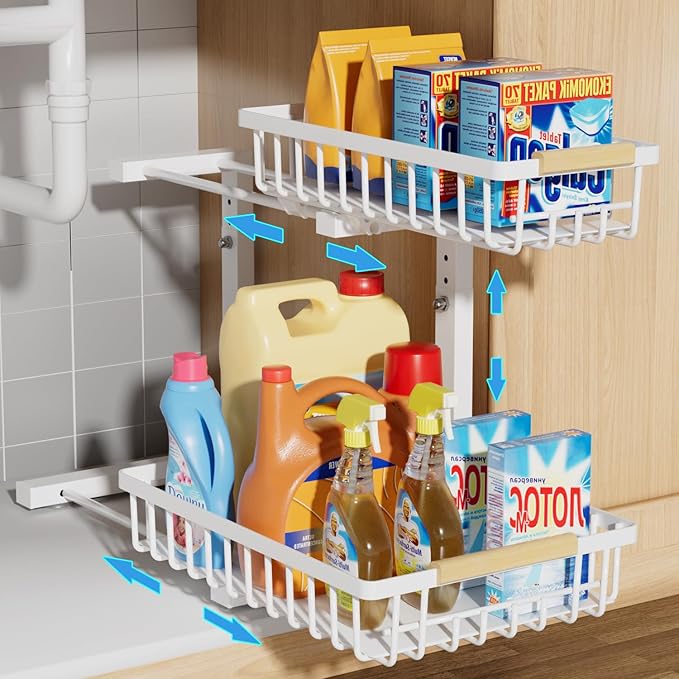 Under Sink Organizer, 2 Tier Height Adjustable Pull Out Cabinet Organizer Drawer, Metal Storage Shelf with Slide Out Wire Basket for Bathroom Kitchen, Countertop Pantry, White-NeatNest