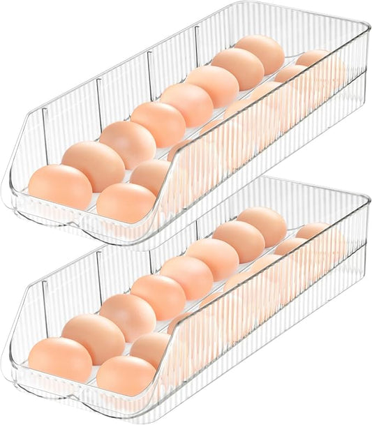 16 Egg Holder for Fridge, Rolling Egg Container, Stackable Egg Tray Holds 16 Eggs - Clear