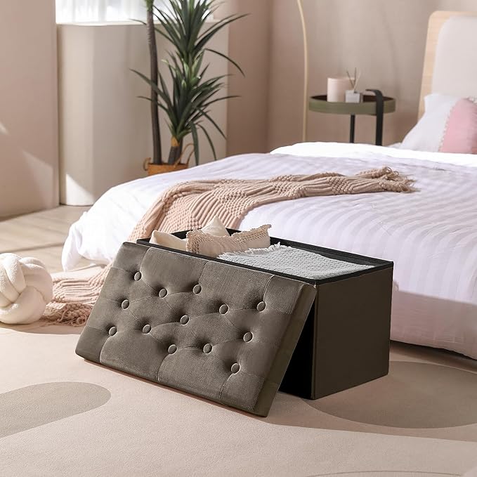PRANDOM Extra Large Ottoman with Storage [1-Pack] Velvet Folding Small Square Foot Stool with Lid for Living Room Bedroom Coffee Table Dorm Dark Coffee 30.5x15x15 inches-NeatNest