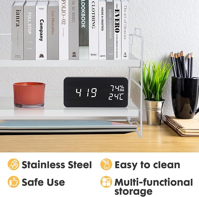PowerKing Desk Shelf Organizer, 2-Tier Desktop Shelves with Wood Board, Adjustable Bookshelf Storage Rack for Home Office School Study Room (White Frame + White Wood)-NeatNest
